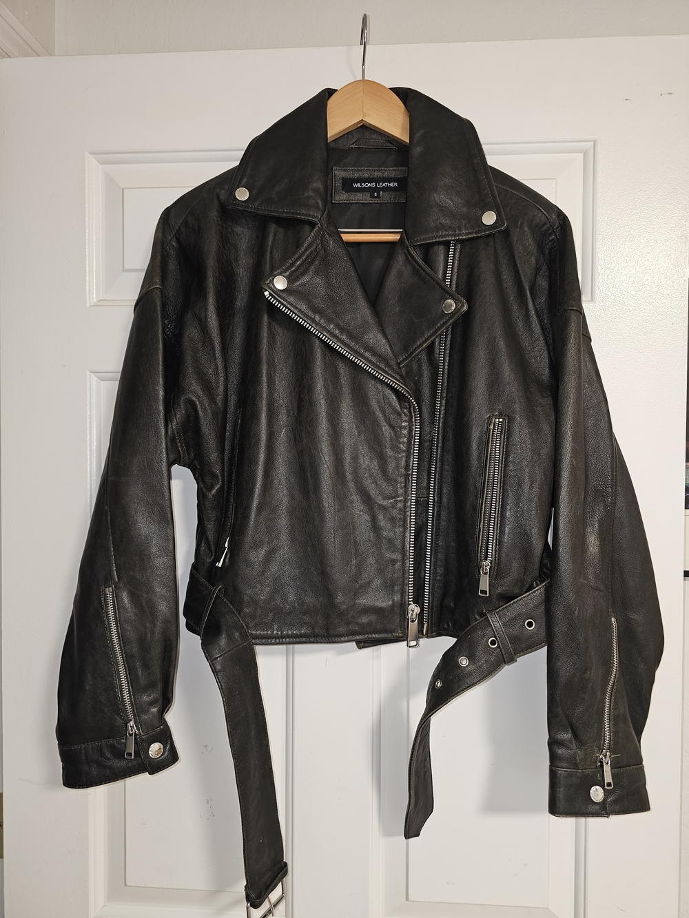 Wilsons Inara Leather Washed Black Moto Jacket, Size Small - Picture 2 of 4